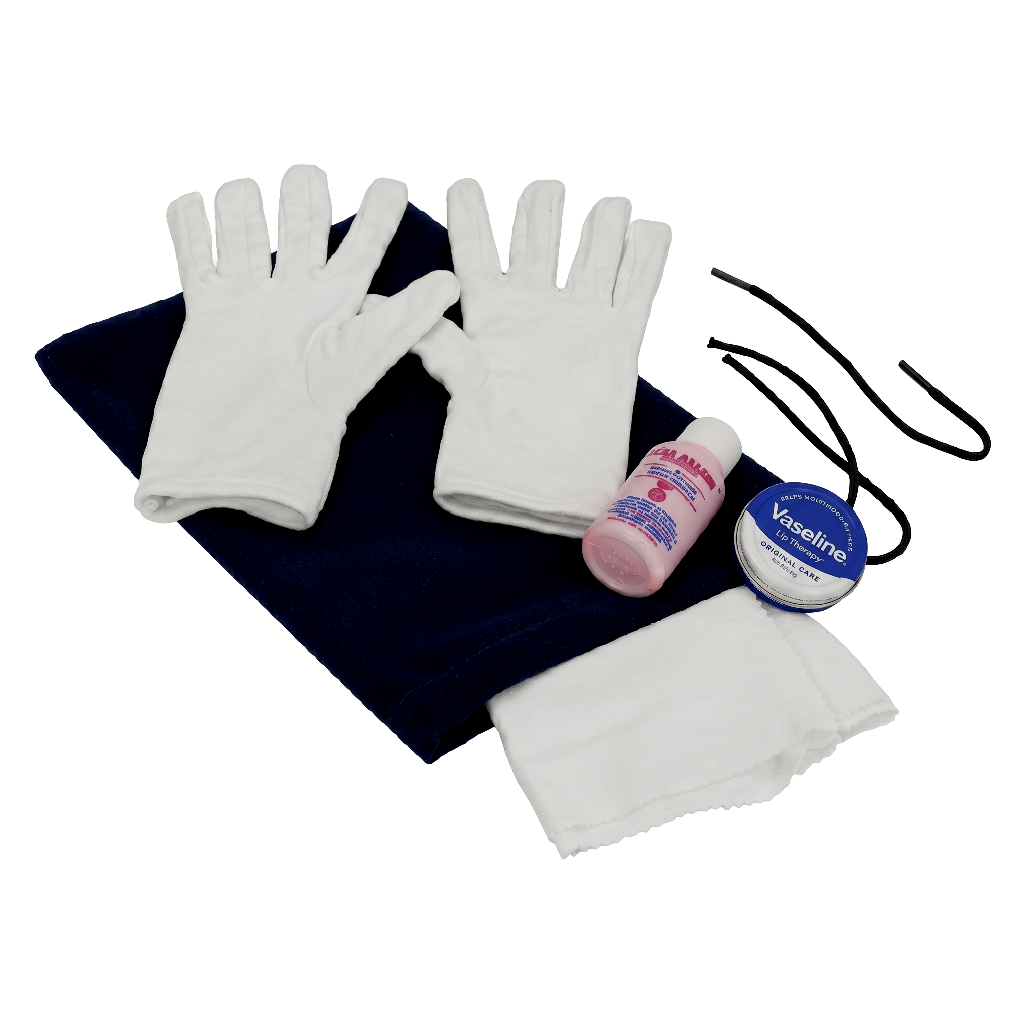 Sword and Bayonet Cleaning Kit
Includes:
1 x high end cotton cloves
2 x micro fibre cloths
1 x 50 mL liquid cleaner
1 x  tin of petroleum gel contained in a velvet style draw string bag in delux gift box
